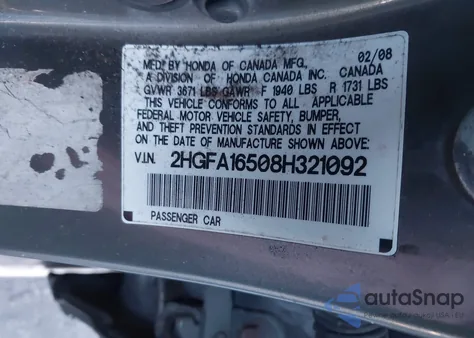 2008 Honda Civic Lx from USA, damaged, VIN 2HGFA16508H321092